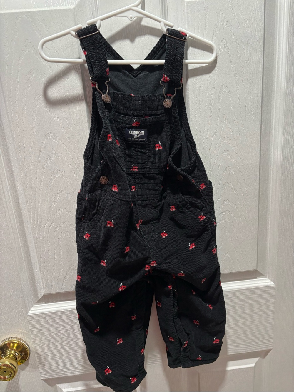 OshKosh B'gosh Black Corduroy Overalls with Red Trains